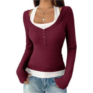 image:imageSOLY HUX Womens Long Sleeve Shirts Y2K Going Out Tops Halter Neck Slim Fitted Henley T Shirts Fall ClothesBurgundy and White
