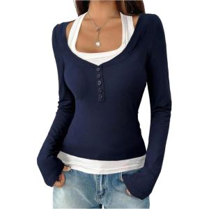 image:imageSOLY HUX Womens Long Sleeve Shirts Y2K Going Out Tops Halter Neck Slim Fitted Henley T Shirts Fall ClothesDark Blue