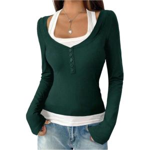 image:imageSOLY HUX Womens Long Sleeve Shirts Y2K Going Out Tops Halter Neck Slim Fitted Henley T Shirts Fall ClothesDark Green
