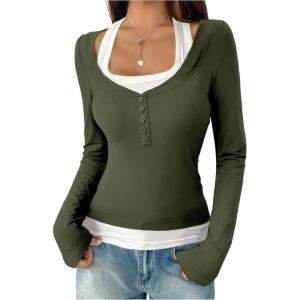 image:imageSOLY HUX Womens Long Sleeve Shirts Y2K Going Out Tops Halter Neck Slim Fitted Henley T Shirts Fall ClothesOlive Green