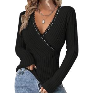 image:imageSOLY HUX Womens Long Sleeve V Neck T Shirt Lace Trim Rhinestone Wrap Tee Slim Fitted Fall TopsPure Black