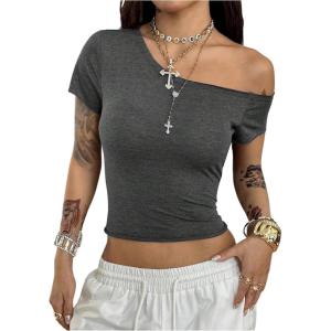 image:imageSOLY HUX Womens Off The Shoulder Top Short Sleeve Fitted Tee Vintage Y2k Asymmetrical T ShirtPure Dark Grey