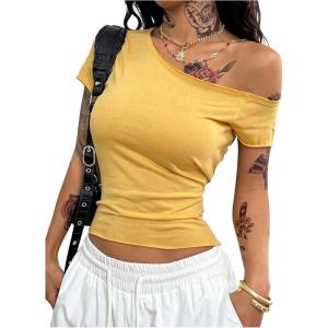 image:imageSOLY HUX Womens Off The Shoulder Top Short Sleeve Fitted Tee Vintage Y2k Asymmetrical T ShirtPure Yellow