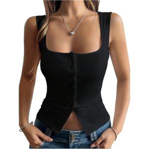 image:imageSOLY HUX Womens Ribbed Button Down Tank Tops Square Neck Sleeveless Summer Tight Vest ShirtsSolid Black