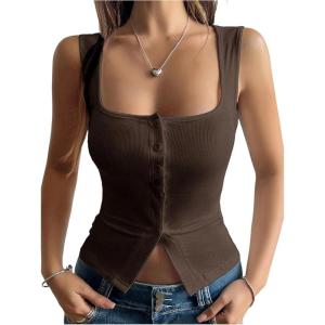 image:imageSOLY HUX Womens Ribbed Button Down Tank Tops Square Neck Sleeveless Summer Tight Vest ShirtsSolid Brown