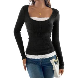 image:imageSOLY HUX Womens Ribbed Scoop Neck Tops Long Sleeve Contrast Lace Button Front Knit Slim Fit Henley T ShirtsBlack