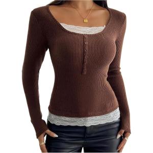 image:imageSOLY HUX Womens Ribbed Scoop Neck Tops Long Sleeve Contrast Lace Button Front Knit Slim Fit Henley T ShirtsCoffee Brown