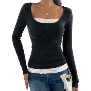 image:imageSOLY HUX Womens Ribbed Scoop Neck Tops Long Sleeve Contrast Lace Button Front Knit Slim Fit Henley T ShirtsDark Grey