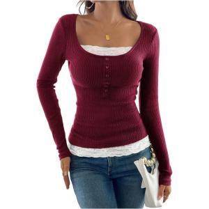image:imageSOLY HUX Womens Ribbed Scoop Neck Tops Long Sleeve Contrast Lace Button Front Knit Slim Fit Henley T ShirtsRed