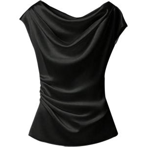 image:imageSOLY HUX Womens Satin Blouse Ruched Cowl Neck Elegant Shirt Summer Tops Work Office OutfitsSolid Black