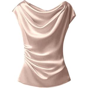 image:imageSOLY HUX Womens Satin Blouse Ruched Cowl Neck Elegant Shirt Summer Tops Work Office OutfitsSolid Khaki