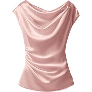 image:imageSOLY HUX Womens Satin Blouse Ruched Cowl Neck Elegant Shirt Summer Tops Work Office OutfitsSolid Pink