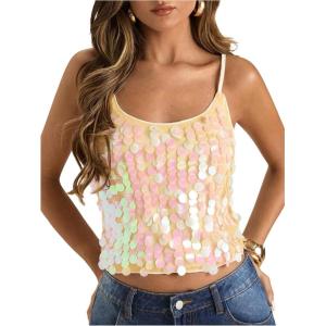 image:imageSOLY HUX Womens Sparkly Sequin Tops Spaghetti Strap Scoop Neck Summer Camisole Going Out Party Club TopPlain Apricot