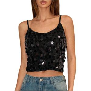 image:imageSOLY HUX Womens Sparkly Sequin Tops Spaghetti Strap Scoop Neck Summer Camisole Going Out Party Club TopPlain Black