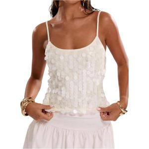 image:imageSOLY HUX Womens Sparkly Sequin Tops Spaghetti Strap Scoop Neck Summer Camisole Going Out Party Club TopPlain White