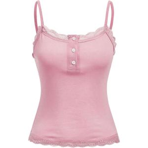 image:imageSOLY HUX Womens Striped Lace Trim Cami Crop Top Button Front Spaghetti Strap Y2k TopsPlain Pink