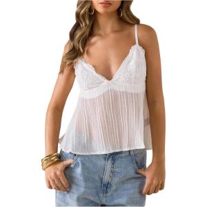 image:imageSOLY HUX Womens Summer Lace Cami Tops Deep V Neck Spaghetti Strap Sheer Peplum Camisole TopPure White