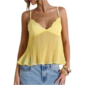 image:imageSOLY HUX Womens Summer Lace Cami Tops Deep V Neck Spaghetti Strap Sheer Peplum Camisole TopPure Yellow