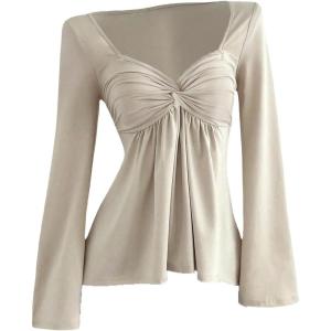 image:imageSOLY HUX Womens Twist Front Peplum Tops Long Sleeve Sweetheart Neck Tee Ruffle Hem T ShirtPlain Apricot
