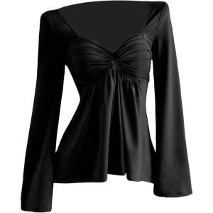 image:imageSOLY HUX Womens Twist Front Peplum Tops Long Sleeve Sweetheart Neck Tee Ruffle Hem T ShirtPure Black