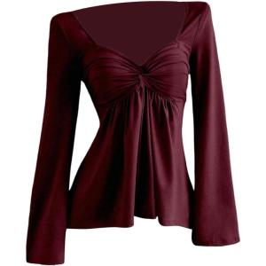 image:imageSOLY HUX Womens Twist Front Peplum Tops Long Sleeve Sweetheart Neck Tee Ruffle Hem T ShirtPure Burgundy