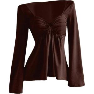 image:imageSOLY HUX Womens Twist Front Peplum Tops Long Sleeve Sweetheart Neck Tee Ruffle Hem T ShirtPure Coffee Brown
