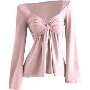 image:imageSOLY HUX Womens Twist Front Peplum Tops Long Sleeve Sweetheart Neck Tee Ruffle Hem T ShirtPure Pink