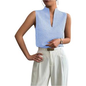 image:imageSOLY HUX Womens Work Outfits V Neck Sleeveless Blouses Summer Casual Tank Tops Business Office Dressy Striped ShirtsBlue Gingham