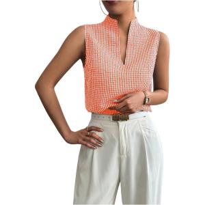 image:imageSOLY HUX Womens Work Outfits V Neck Sleeveless Blouses Summer Casual Tank Tops Business Office Dressy Striped ShirtsOrange Gingham