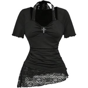 image:imageSOLY HUX Womens Y2k Grunge Goth T Shirts Short Sleeve Lace Halter Tee Tops Fairy Festival Rave OutfitsSolid Black