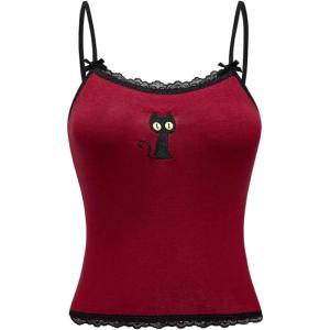 image:imageSOLY HUX Womens Y2k Lace Striped Cami Crop Tops Spaghetti Strap Cat Embroidery CamisoleBurgundy Cat