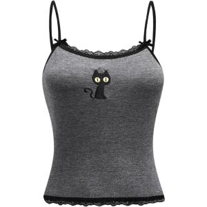 image:imageSOLY HUX Womens Y2k Lace Striped Cami Crop Tops Spaghetti Strap Cat Embroidery CamisoleDark Grey Cat