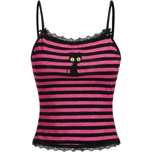 image:imageSOLY HUX Womens Y2k Lace Striped Cami Crop Tops Spaghetti Strap Cat Embroidery CamisolePink Cat