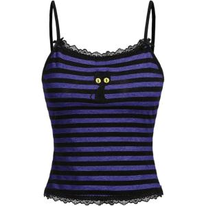 image:imageSOLY HUX Womens Y2k Lace Striped Cami Crop Tops Spaghetti Strap Cat Embroidery CamisolePurple Cat