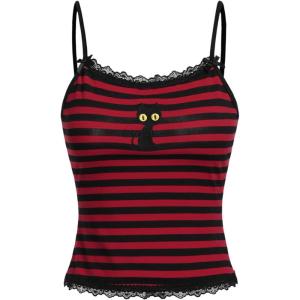 image:imageSOLY HUX Womens Y2k Lace Striped Cami Crop Tops Spaghetti Strap Cat Embroidery CamisoleRed and Black Striped