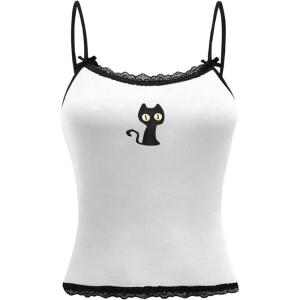 image:imageSOLY HUX Womens Y2k Lace Striped Cami Crop Tops Spaghetti Strap Cat Embroidery CamisoleWhite Cat