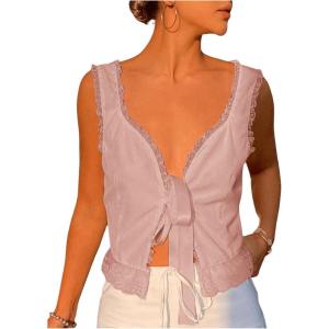 image:imageSOLY HUX Womens Y2k Lace Trim Open Tie Front Tank Top V Neck Sleeveless TopsPure Pink