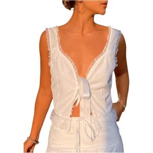 image:imageSOLY HUX Womens Y2k Lace Trim Open Tie Front Tank Top V Neck Sleeveless TopsPure White