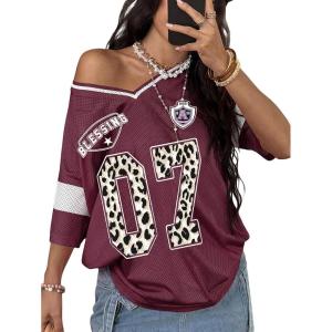 image:imageSOLY HUX Womens Y2k Leopard Number Graphic Oversized Tops Football Jersey Shirts StreetwearBurgundy 01