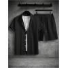 image:imageSOLY HUX Mens 2 Piece Shorts Sets Casual Beach Outfits Short Sleeve Button Down Hawaiian Shirt SetsPlain Black Textured