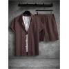 image:imageSOLY HUX Mens 2 Piece Shorts Sets Casual Beach Outfits Short Sleeve Button Down Hawaiian Shirt SetsPure Brown Textured