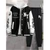 image:imageSOLY HUX Mens Tracksuit 2 Piece Outfits Color Block Letter Graphic Long Sleeve Varsity Jacket and Pants SetBlack and White Letter