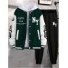 image:imageSOLY HUX Mens Tracksuit 2 Piece Outfits Color Block Letter Graphic Long Sleeve Varsity Jacket and Pants SetGreen and Black Letter Graphic