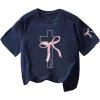 image:imageSOLY HUX Girls Graphic Tees Bow Print Short Sleeve Crewneck T Shirt Drop Shoulder Casual Summer TopsDark Blue Bow Graphic
