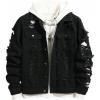 image:imageSOLY HUX Mens Ripped Denim Jacket Button Front Collared Long Sleeve Grunge Jean Jackets StreetwearPure Black
