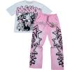 image:imageSOLY HUX Mens Summer Two Piece Outfits Short Sleeve Graphic T Shirt Pants Set Y2k Streetwear ClothesPink White Multi