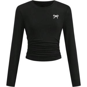 image:imageSOLY HUX Girls Bow Graphic Tees Y2k Ruched Long Sleeve Crew Neck T Shirt Cute Fall TopsBlack Bow