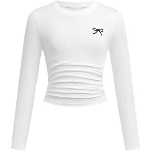 image:imageSOLY HUX Girls Bow Graphic Tees Y2k Ruched Long Sleeve Crew Neck T Shirt Cute Fall TopsWhite Bow