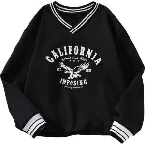 image:imageSOLY HUX Girls Graphic Sweatshirt Letter Print V Neck Drop Shoulder Long Sleeve Preppy Casual Pullover TopsBlack Letter