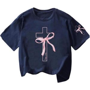 image:imageSOLY HUX Girls Graphic Tees Bow Print Short Sleeve Crewneck T Shirt Drop Shoulder Casual Summer TopsDark Blue Bow Graphic